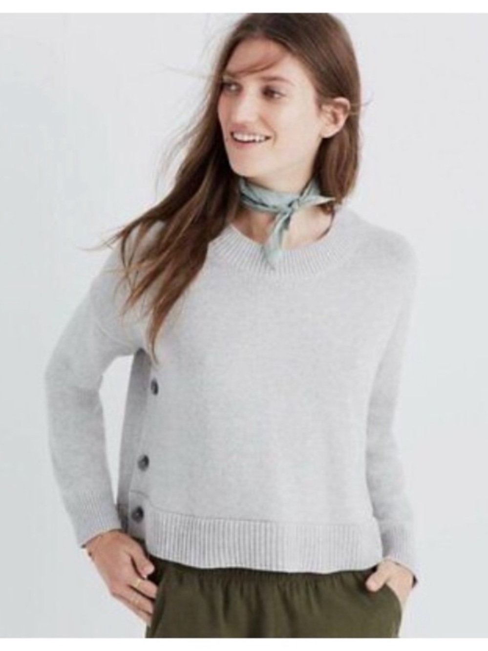 Madewell Light Gray Side-Button Crewneck Sweater
